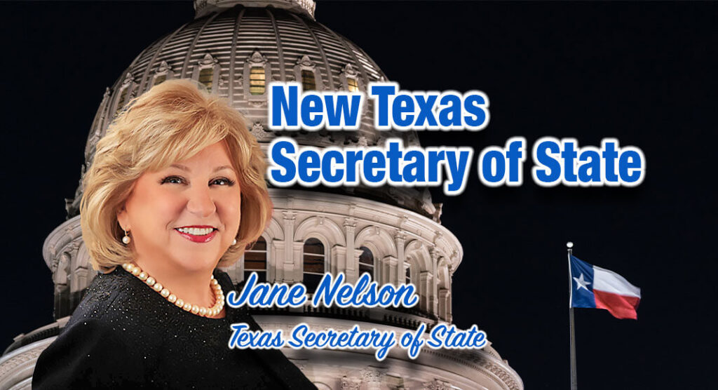 Nelson will be formally sworn in by Texas Supreme Court Chief Justice Nathan L. Hecht on Saturday, January 7, 2023. Image Source: sostexas.gov for illustration purposes