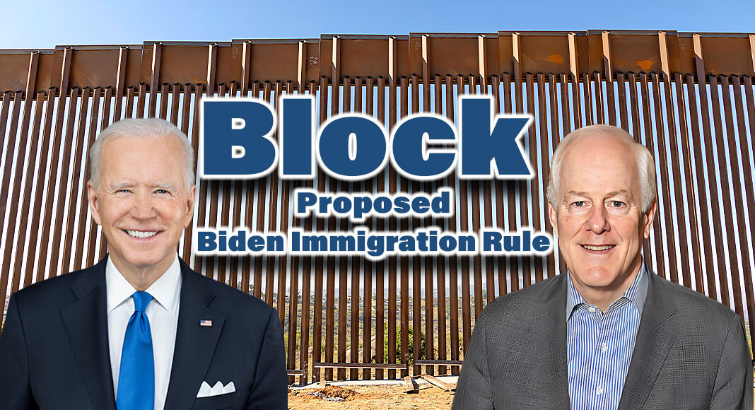 “We need to have orderly, humane, and legal immigration and stop the drugs coming across the border. What we are doing now does not work.” Image for illustrationpurposes. Bgd. USCBP Image. Biden: Adam Schultz, Public domain, via Wikimedia Commons, Cornyn: Twitter Image