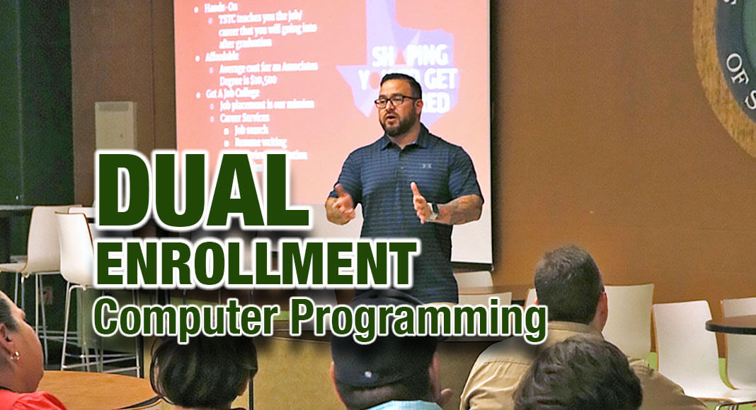 Robbie Mesa, director of dual enrollment at TSTC’s Harlingen campus, speaks during a recent recruitment presentation to some high school students of South Texas ISD’s Science Academy and their parents about the Computer Programming Technology classes that will be offered online through a dual enrollment P-TECH partnership in the fall 2023 semester. (Photo courtesy of TSTC.)