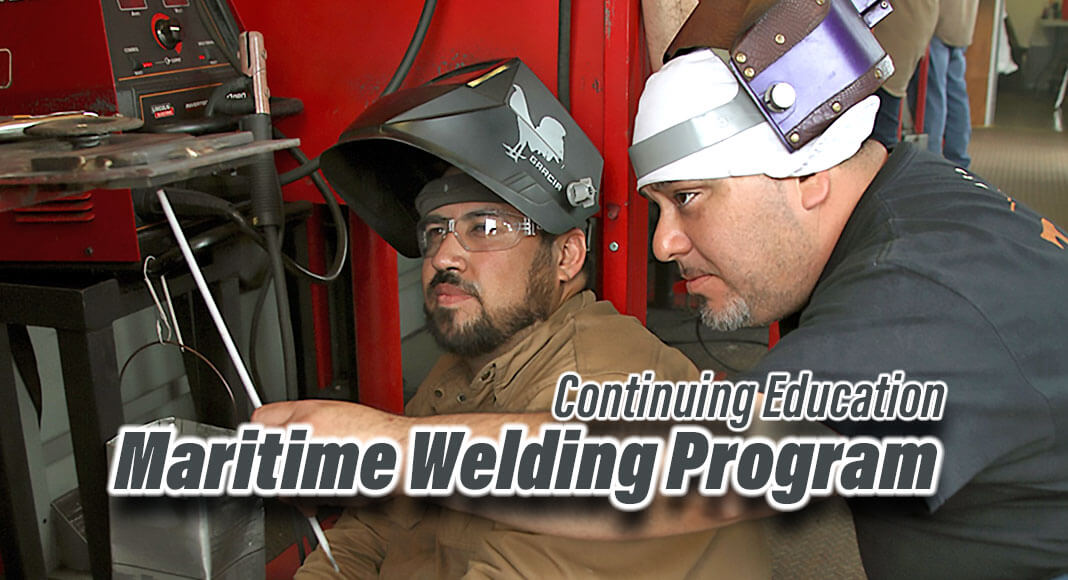 Pedro Garcia (left), a TSTC Workforce Training and Continuing Education Maritime Welding student, listens to an explanation of a root pass in the 4G overhead groove weld position from Samuel Grimaldo, a TSTC Workforce Training Welding instructor, during a recent lab session. (Photo courtesy of TSTC.)