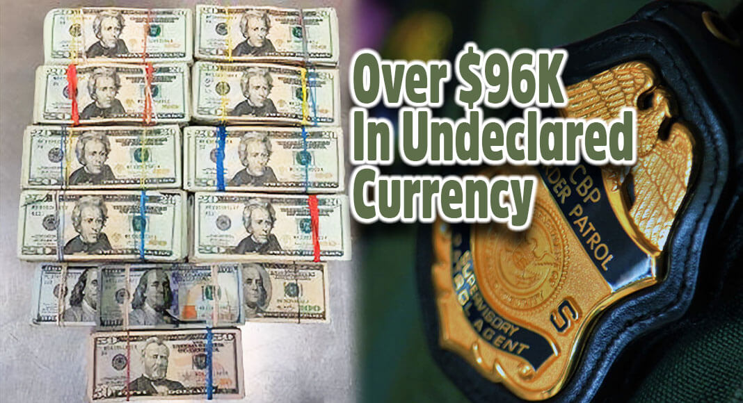 Stacks containing $96,800 in unreported currency seized by CBP officers at Hidalgo International Bridge. USCBP Image 