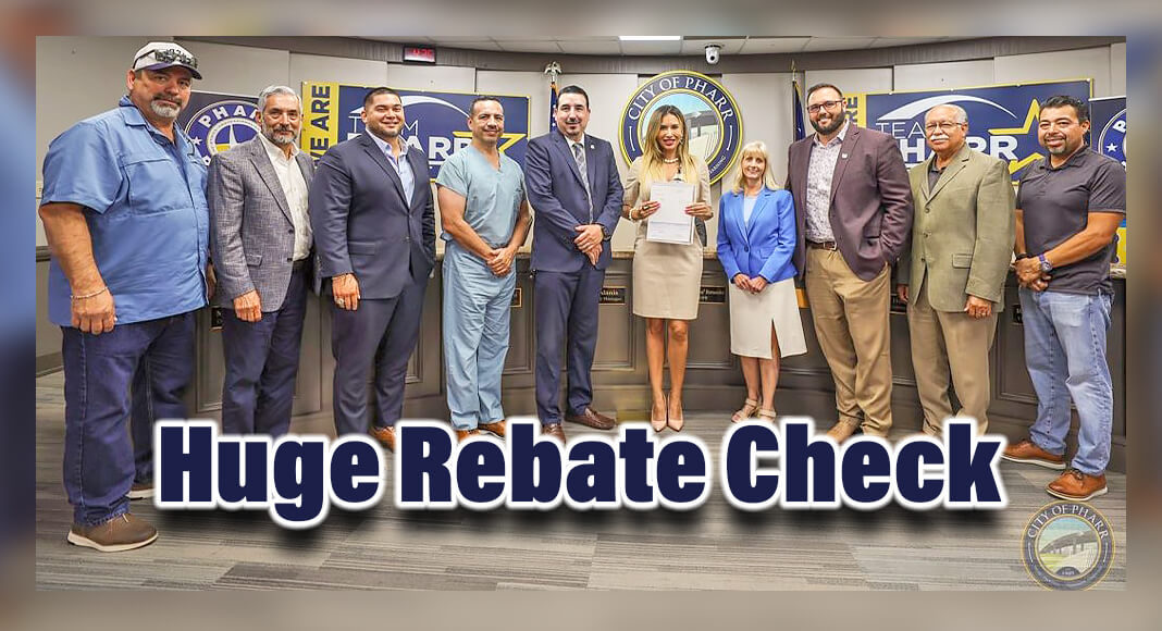 Eddie Champ, Manager of Broadband and Utility for Graybar, and Debbie Bordeaux, Director of Sales for Graybar presented the Pharr City Commission with a rebate check in the amount of $230,549.65 for the City of Pharr IT Department. Courtesy Image