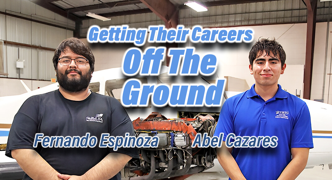 TSTC Aircraft Powerplant Technology students Fernando Espinoza (left) and Abel Cazares recently were hired as full-time aircraft airframe and powerplant mechanics with Envoy Air. (Photo courtesy of TSTC.)
