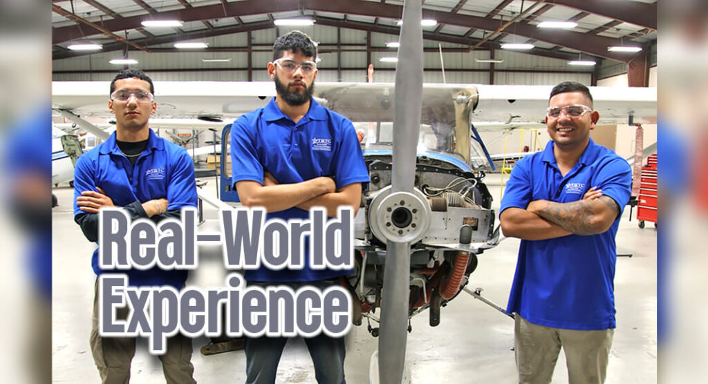  (Left to right) Mark Sanchez, Hafez Omar and Fabien Granja are Aircraft Airframe Technology students at TSTC’s Harlingen campus. (Photo courtesy of TSTC.) 