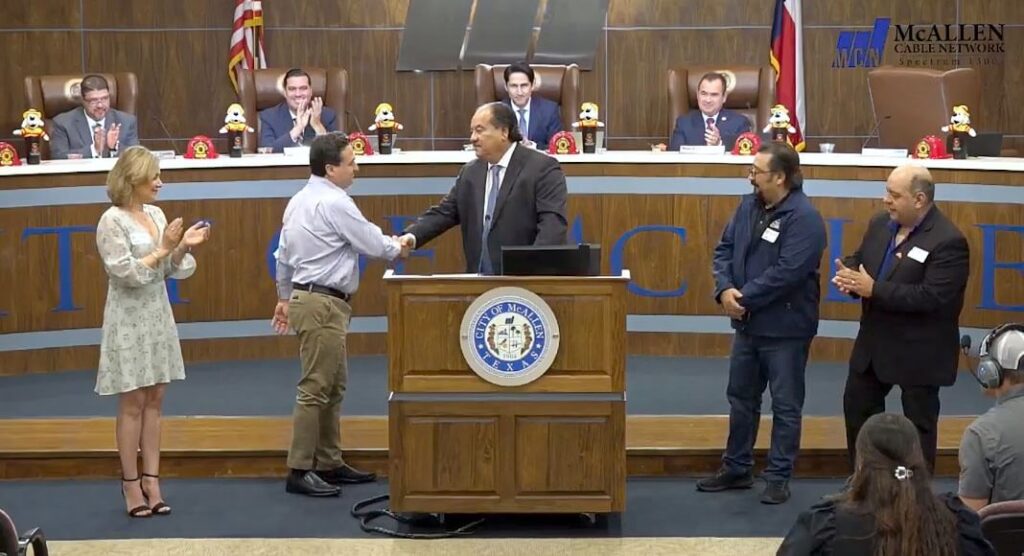 Pancho chico gratefully acknowledges Tony Aguirre's recognition of Taco Palenque's legacy at the McAllen City Council chambers. The proclamation marks a journey from humble beginnings to becoming an integral part of McAllen's rich culinary field. Photo City of McAllen