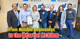 Pictured above, from L-R: McAllen City Commissioner Antonio “Tony” Aguirre; Juan Francisco Ochoa, Jr. “Pancho chico”, and his wife Patricia Ochoa; Luis Elizondo, Supply Chain Manager; Marcelo Rodriguez, Marketing Field Manager; Patricia Barreto, Sr. Manager of Marketing and Guest Relations; Adal Cisneros, Operations. Photo credit City of McAllen