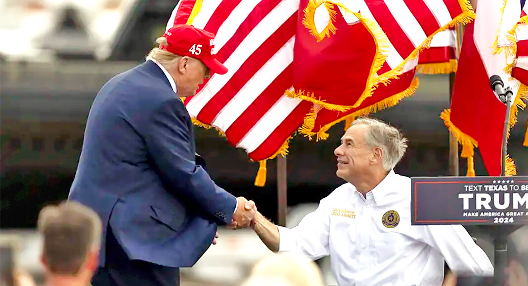 Former President Donald Trump greets and shakes hands with Gov. Greg Abbott at the South Texas International Airport in Edinburg, on Nov. 19, 2023, after the governor announced that he was endorsing Trump. Credit: Eddie Gaspar/The Texas Tribune
