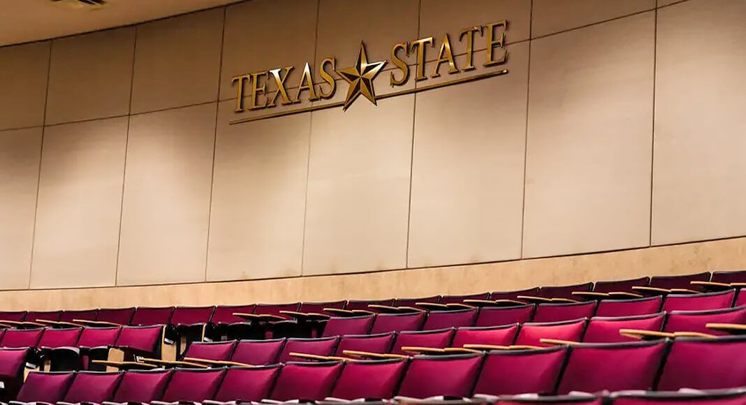 Empty seats in the Alkek Teaching theatre at Texas State University in San Marcos on Aug. 24, 2020. Texas State will host the first of four presidential debates next year, university officials said Monday. Credit: Jordan Vonderhaar for The Texas Tribune