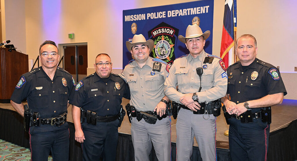 Showcasing its commitment to public safety and DUI prevention. Pictured are Chief of Police Cesar Torres, Assistant Chief Reynaldo Perez, Texas Department of Public Safety Officers Palomo and Castro, and Assistant Chief Ted Rodriguez. Together, they announced the pioneering 'No Refusal City' initiative, a year-round effort to combat driving while intoxicated (DWI). Photo By Roberto Hugo González