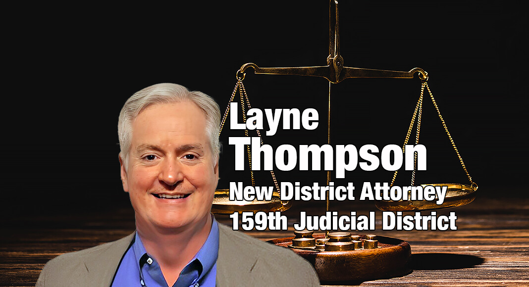 Governor Greg Abbott has appointed Layne Thompson as the District Attorney of the 159th Judicial District in Angelina County, for a term set to expire on December 31, 2024, or until his successor shall be duly elected and qualified. Image Source: LinkedIN