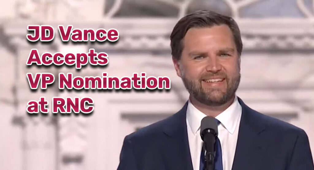 Vice Presidential Nominee Senator JD Vance (Ohio). Screengrab from Clip of Republican National Convention, Day 3, by C-SPAN.