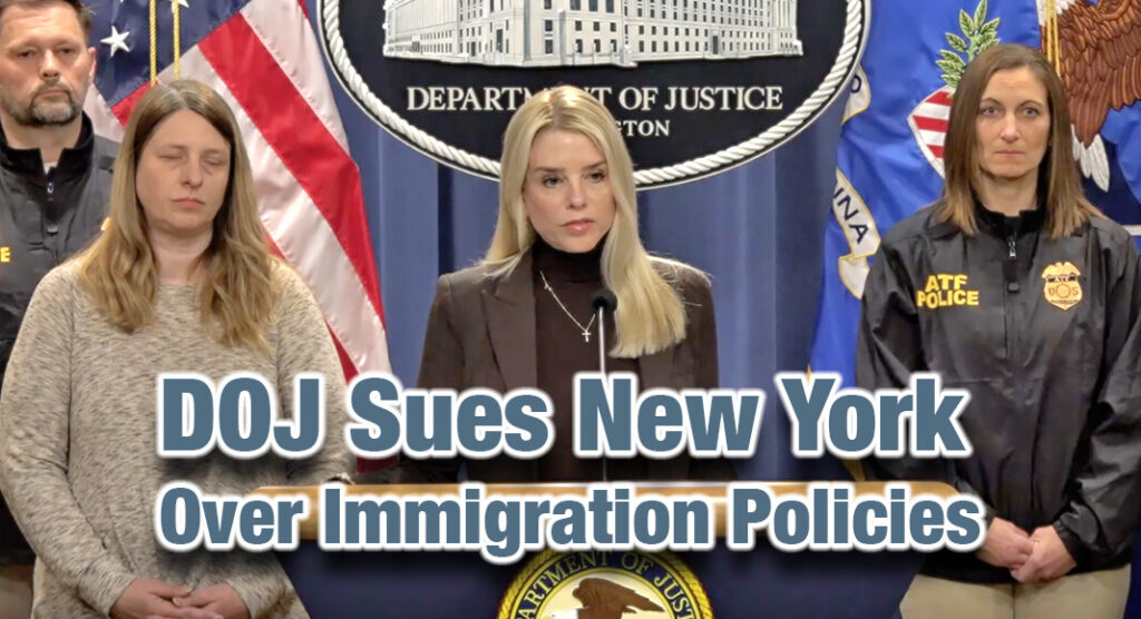 U.S. Attorney General Pam Bondi addressed the press at the DOJ headquarters, announcing a federal lawsuit against New York over its immigration policies. Flanked by federal law enforcement officials and Tammy Nobles, Bondi declared an end to sanctuary protections that hinder national security and public safety. Screenshot from YouTube video.