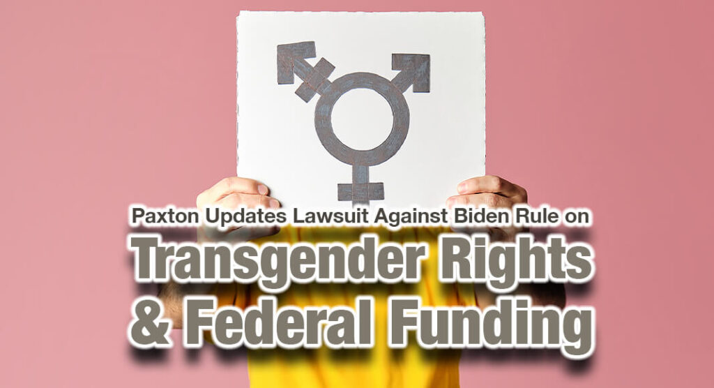 Attorney General Ken Paxton is continuing his multistate lawsuit to stop an illegal rule put forward by the Biden Administration that would redefine “gender dysphoria” as a disability and require all recipients of federal funding to allow bathroom usage, pronoun usage, and dress codes to be based on “gender identity” rather than biological sex. Image for illustration purposes