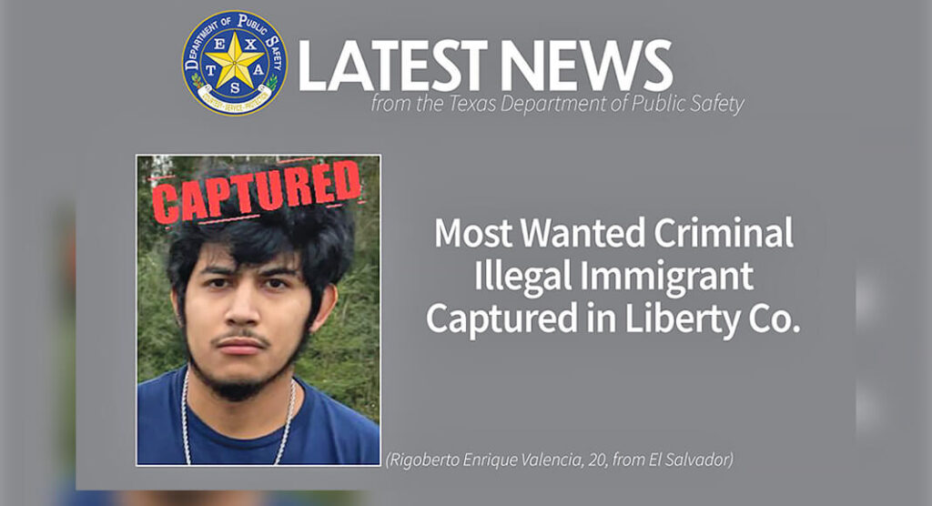 Rigoberto Enrique Valencia, 20, a criminal illegal immigrant from El Salvador, was taken into custody in Cleveland following a traffic stop coordinated between DPS Special Agents and the Liberty Co. Sheriff’s Office. He had been wanted out of Harris Co. since Aug. 29, 2024, for failure to appear (carrying a prohibited weapon). Photo: Texas DPS