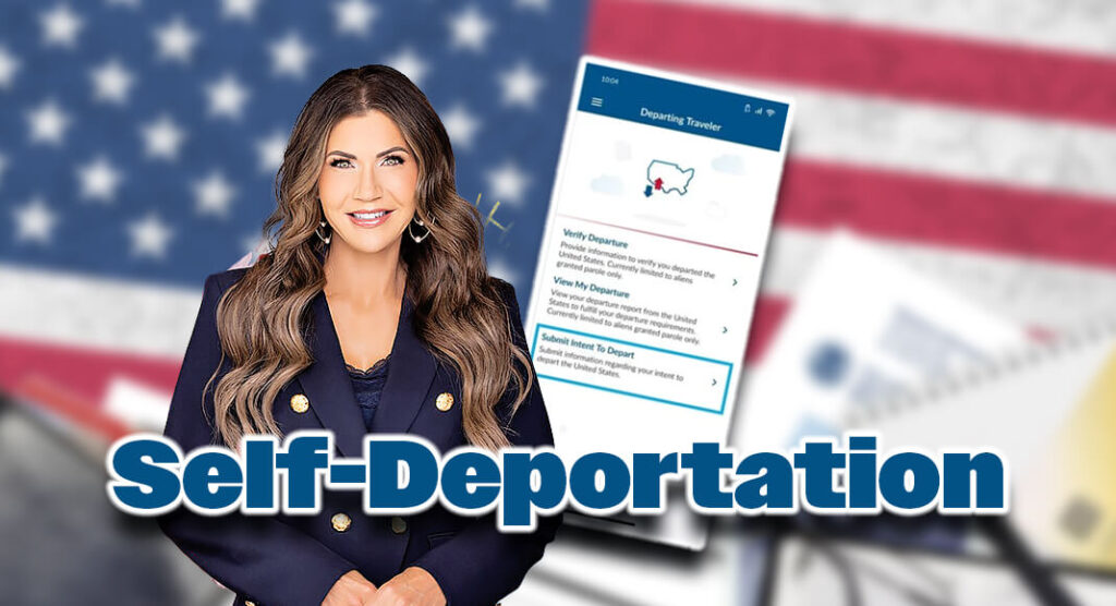 Secretary of Homeland Security Kristi Noem announced that the Department of Homeland Security (DHS) is launching the CBP Home app with a self-deportation reporting feature for aliens illegally in the country. Image: Public Domain via Wikimedia Commons. Courtesy image and Bgd for illustration purposes