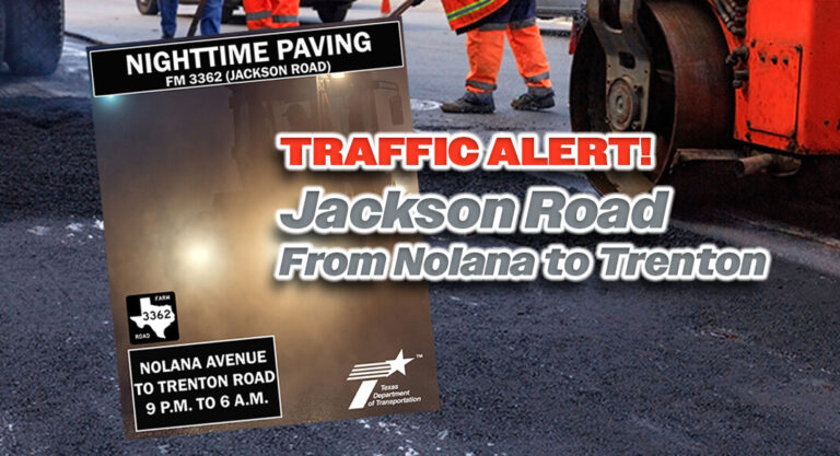 TRAFFIC ALERT:  Nighttime paving on Jackson Road Beginning May 18th