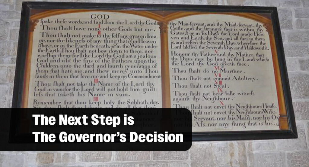 The bill mandates that the display be a poster or framed copy that is legible and prominently placed. Image: St John the Baptist, Flookburgh: The Ten Commandments by Basher Eyre, CC BY-SA 2.0 <https://creativecommons.org/licenses/by-sa/2.0>, via Wikimedia Commons