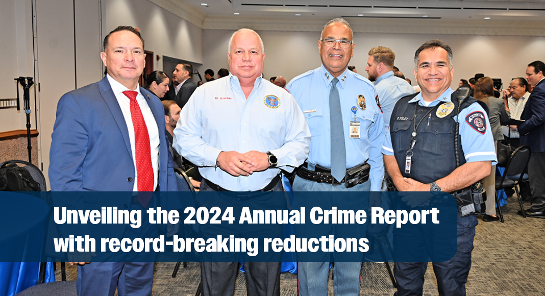 Chief Victor Rodriguez (third from left) stands with his leadership team: Assistant Chief Alberto Jimenez, Assistant Chief Javier Alcocer, and Assistant Chief Philip Foley, representing the command staff of the McAllen Police Department. Photo by Roberto Hugo González