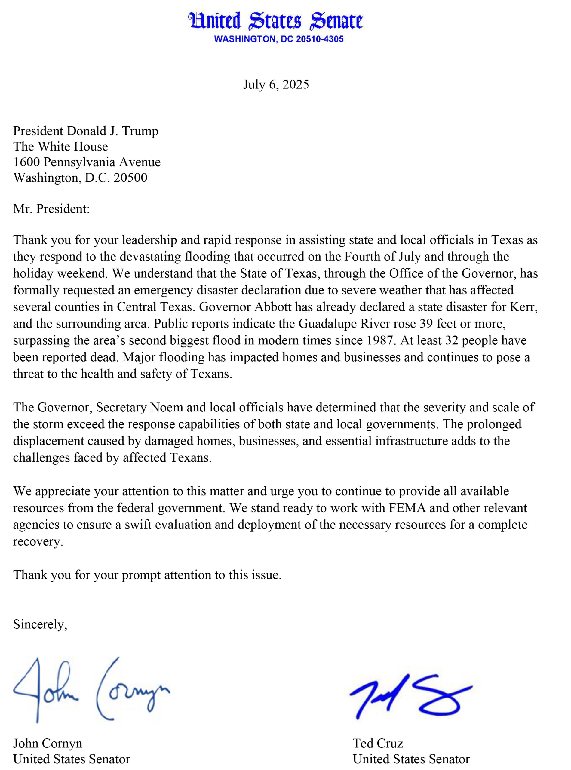 Sens. Cruz, Cornyn Praise Pres. Trump’s Swift Approval of Major ...