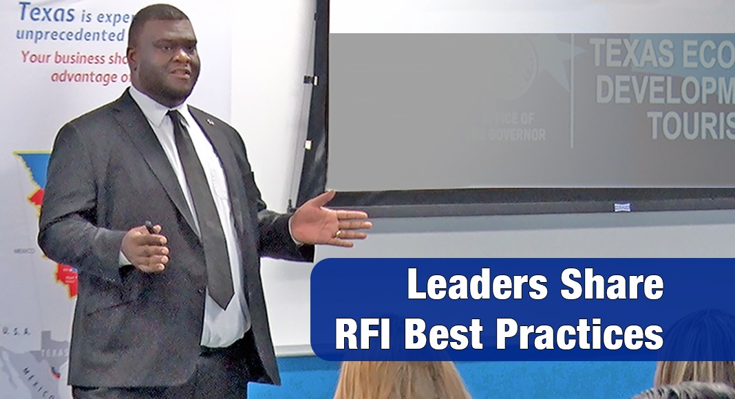 Sean Ferguson, Project Development Lead at the Governor’s Office of Economic Development and Tourism, outlines the state’s RFI process and emphasizes the importance of clear communication and complete submissions during his presentation in Harlingen, Texas. Image by Noah M. González