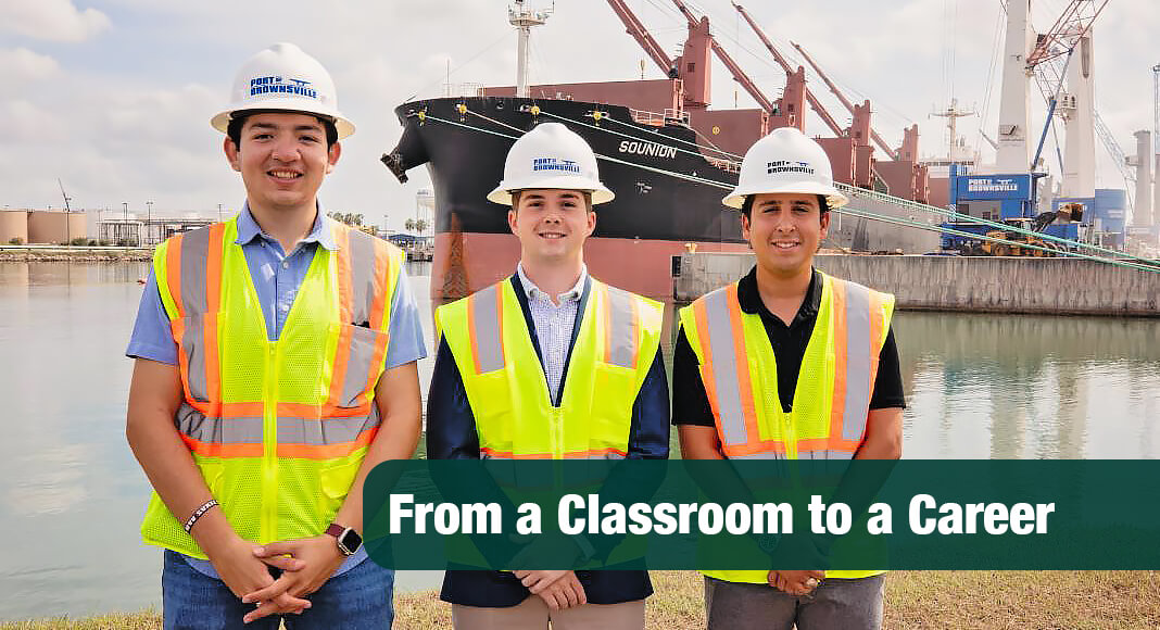 From Left to Right: Summer interns Samuel Hinojosa, Pierce De La Cruz Grove, and Antonio Gutierrez stand at Dock 15 at the Port of Brownsville, where they gained hands-on experience in maritime operations, finance, and cargo services as part of the port’s commitment to workforce development. Image courtesy of The Port of Brownsville