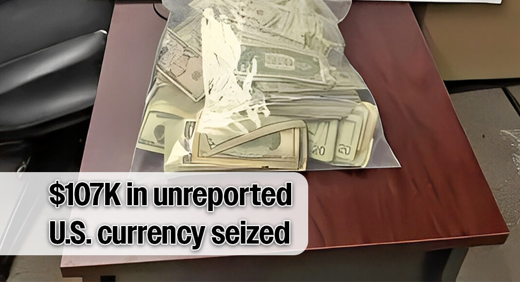 Bag holding loose bills of U.S. currency, part of more than $107,000 in unreported currency seized by CBP officers at Brownsville Port of Entry during two separate enforcement actions. USCBP image