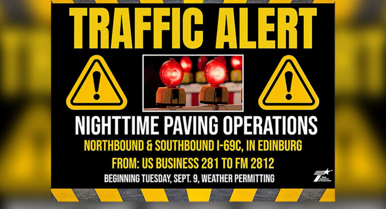TRAFFIC ALERT- Nighttime Paving on I-69C in Edinburg Starting Sept. 9th