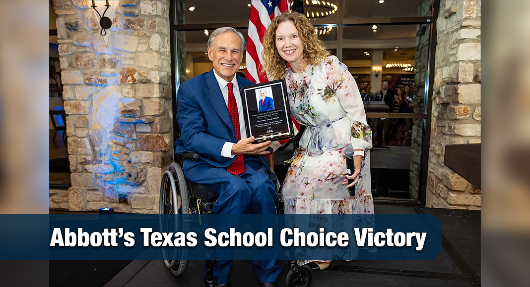 Governor Greg Abbott accepted the John T. Walton Champion for Choice Award from the American Federation for Children in recognition of the Governor’s leadership in delivering the largest day-one school choice program in America. Photo: Office of The Governor