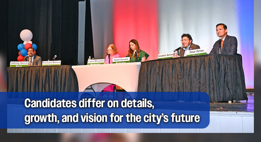 Mayoral candidates Johnny Garcia, Jonathan Salinas, and Omar Ochoa share the stage with moderators Sarah Cervera and Laurel McLeaish during the Futuro RGV 2025 Edinburg Mayoral Candidate Forum at the Edinburg Municipal Auditorium on September 30, 2025. Photo by Roberto Hugo González