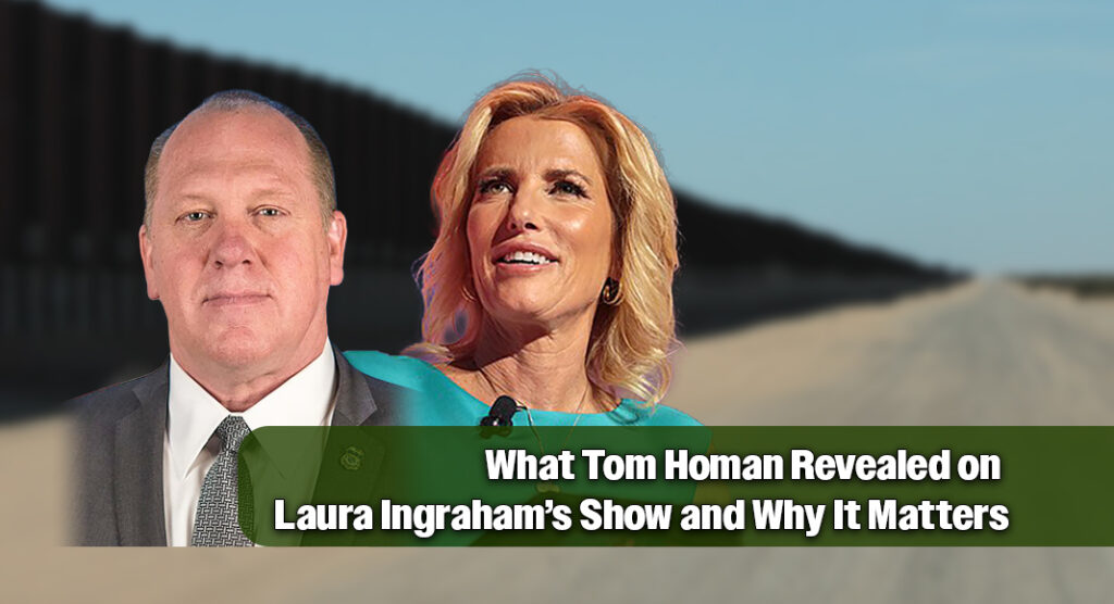 A Fox News interview aired on The Ingraham Angle on November 25, 2025, featured acting ICE director and designated “border czar” Tom Homan, who delivered a series of forceful claims about border security, illegal immigration, and the future size of the immigration enforcement workforce. Images: Ingraham; Gage Skidmore from Surprise, AZ, United States of America, CC BY-SA 2.0 https://creativecommons.org/licenses/by-sa/2.0, via Wikimedia Commons. Homan: Public Domain via Wikimedia Commons. Bgd for illustration purposes