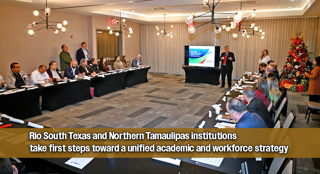 COSTEP, Council for South Texas Economic Progress CEO Adam Gonzalez addresses a full room of academic and industry leaders during the Binational Higher Education Advisory Council Meeting at the Cambria Hotel McAllen, outlining a vision for a unified cross-border education and workforce strategy connecting Rio South Texas and Northern Tamaulipas. Photo by Roberto Hugo González / Texas Border Business