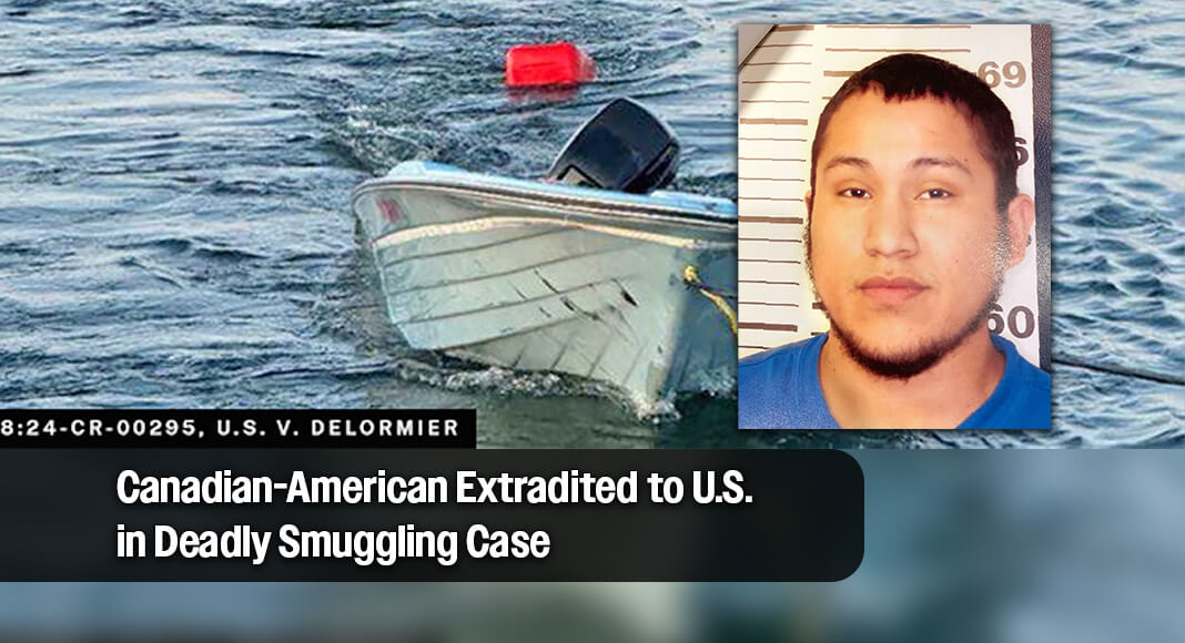 Timothy Oakes’ light blue and white boat being recovered from the St. Lawrence River near the bodies of the eight deceased migrants. Image courtesy of Us Department of Justice. Rahsontanohstha Delormier Photo Courtesy of dossier de la cour COURTOISIE DE LA COUR