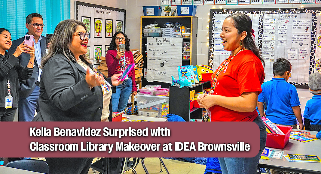 Kindergarten teacher, Keila Benavidez, at IDEA Brownsville Academy received a surprise classroom library makeover after being selected by Scholastic for a special holiday giveaway. Courtesy image