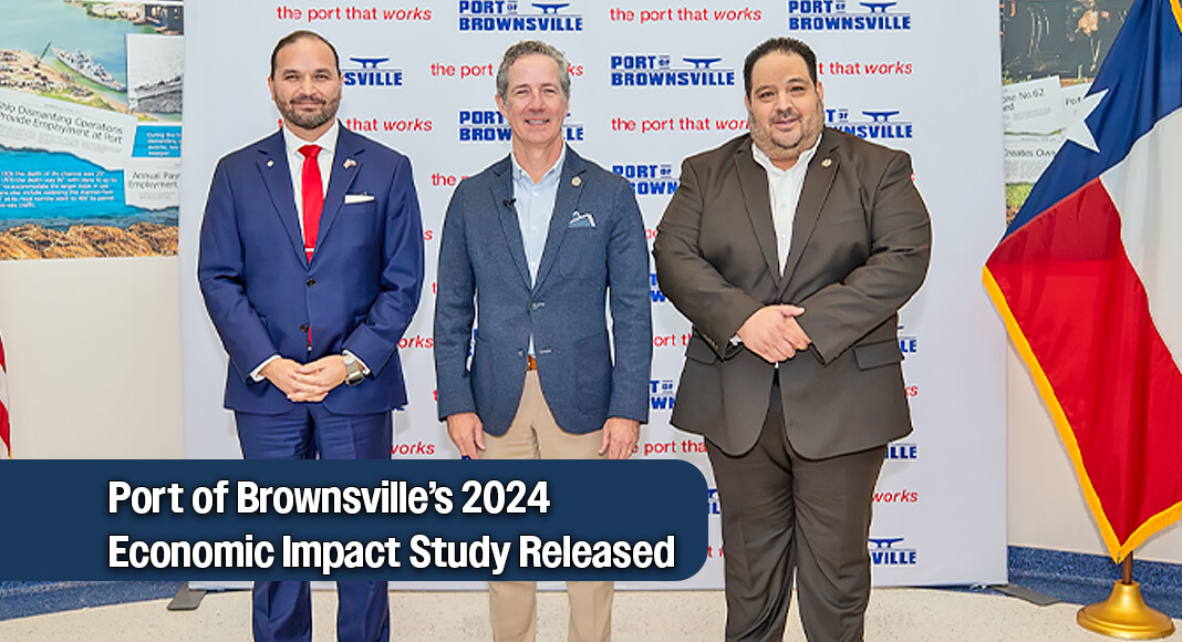 From left, Texas Sen. Adam Hinojosa, Acting Texas Comptroller Kelly Hancock and Brownsville Navigation District Chairman Esteban “Steve” Guerra pose for a photo following Hancock’s announcement of the Port of Brownsville’s 2024 Economic Impact Study at the Port of Brownsville Administration Office on Wednesday, Dec. 17. Image courtesy of Port of Brownsville