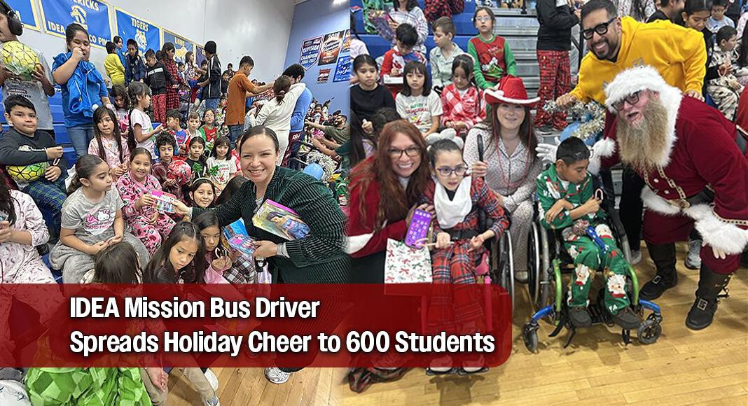 IDEA Mission bus driver John Curry surprised more than 600 students by dressing as Santa and delivering gifts during a campus-wide holiday celebration. The annual tradition is rooted in Curry’s deeply personal story and has become a meaningful moment of joy and hope for students and staff. Images courtesy of IDEA Public Schools