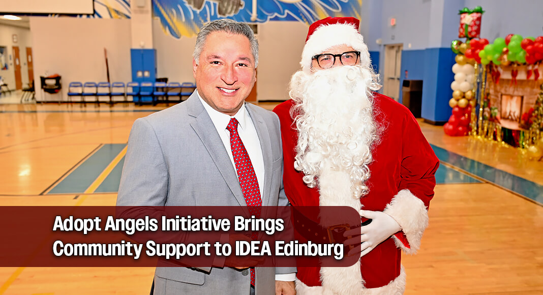 McAllen Mayor Javier Villalobos stands alongside Santa Claus as he helps spread holiday cheer to students during the Adopt Angels gift presentation at IDEA Edinburg. Image Noah Mangum González /Texas Border Business