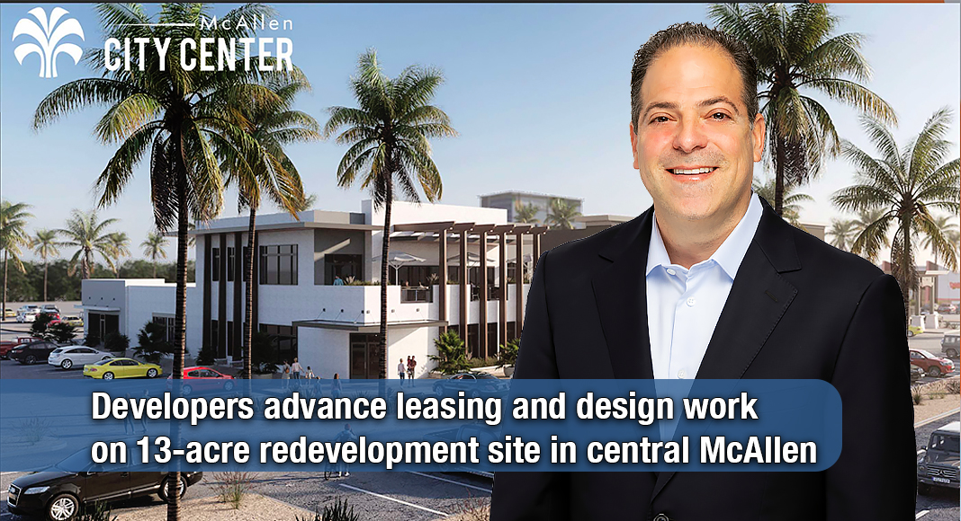 Michael Fallek, president of Castle Hospitality, Ltd., is shown superimposed over a rendering of a multi-story building planned for the McAllen City Center development at South 10th Street and the Expressway in McAllen. Image credit: McAllen City Center. Courtesy images
