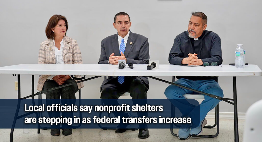 U.S. Rep. Henry Cuellar sits between Laredo City Councilmember Melissa R. Cigarroa and Pastor Mike Smith during a press conference at the Holding Community Center in Laredo, where officials discussed ICE’s release of detained families and the role of local organizations in providing humanitarian assistance. Courtesy Image.