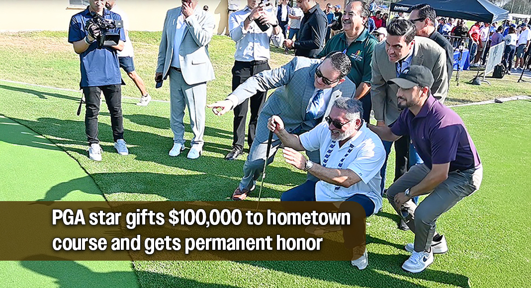 Crouching on the green, the mayor of McAllen, Javier Villalobos, studies his putt with an iron in hand, carefully measuring and calculating how to strike the ball and sink it into the hole. Just behind him, Ancer also assesses the measurements. City Manager Issac Tawil gestures with his hand, offering guidance on the best approach. Looking on are our city commissioners, Tony Aguirre and Pepe Cabeza de Vaca, sharing a moment of focused calculation and excitement in pursuit of success. Image by Noah Mangum González / Texas Border Business