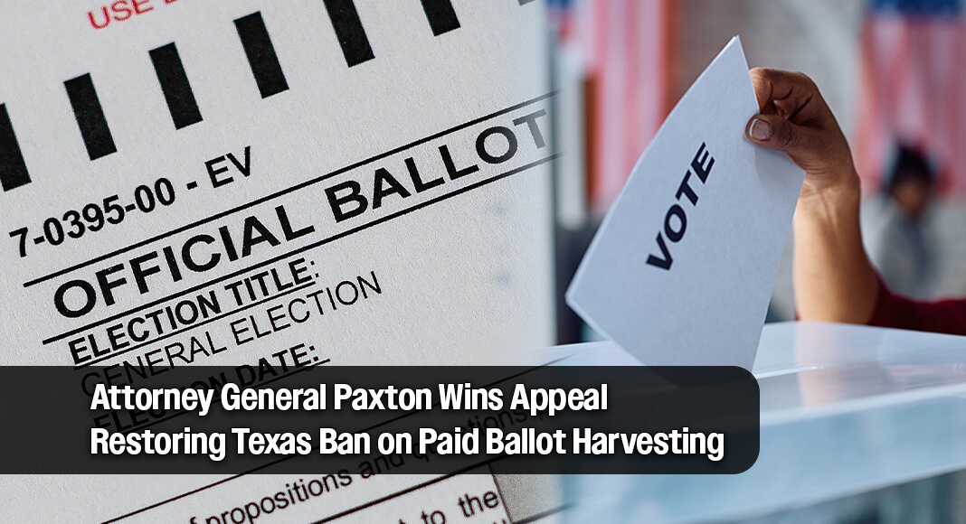 Attorney General Ken Paxton secured a major victory for election integrity as the United States Court of Appeals for the Fifth Circuit reversed a federal district court ruling that had blocked enforcement of Texas’s ban on ballot harvesting under the Texas Election Integrity Act. Image for illustration purposes