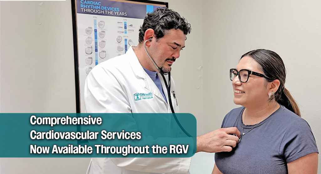 DHR Health is proud to offer comprehensive heart care with specialty cardiovascular service with clinics available to patients throughout the Rio Grande Valley, in the communities of Edinburg, McAllen, Mission, Weslaco, Elsa, Starr County, and Brownsville. Pictured: DHR Health's Dr. Dimtri listening to heart. Image courtesy of DHR Health