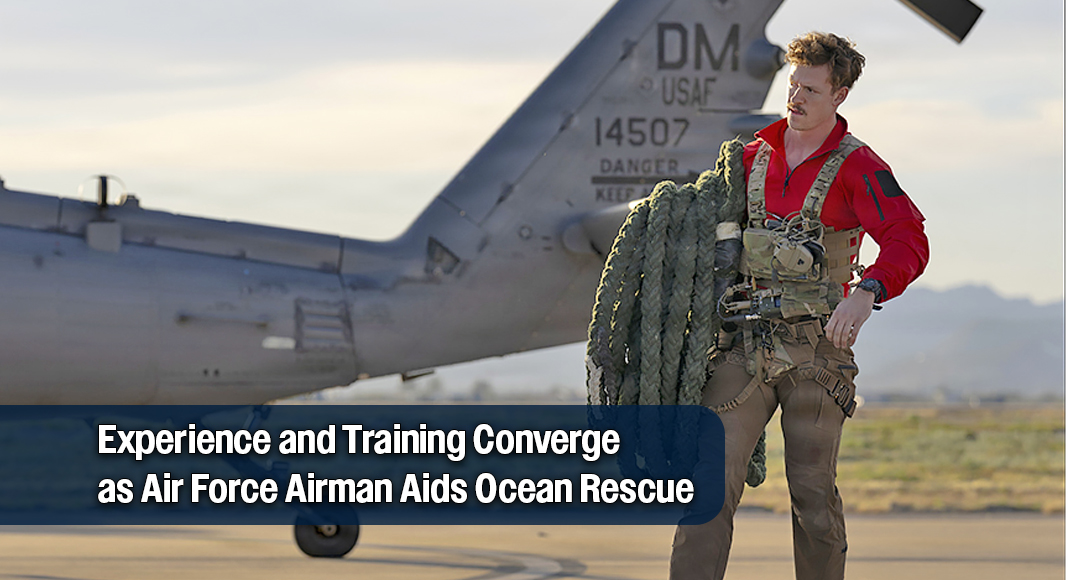 Air Force Tech. Sgt. Charlie Pagan, pararescue specialist assigned to the 48th Rescue Squadron, carries a fast-rope from an HH-60W Jolly Green II at Davis-Monthan Air Force Base, Ariz., after returning from a successful rescue mission off the coast of Mexico, Feb. 6, 2026. The 48th RQS routinely conducts rescue training and operations to maintain readiness for personnel recovery, humanitarian assistance and emergency response missions in support of U.S. objectives worldwide. Photo Credit: Air Force Tech Sgt. Rachel Maxwell via US Department of War