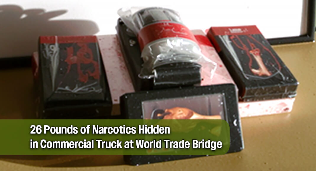 Packages containing 23.98 pounds of cocaine, 2.33 pounds of heroin seized by CBP officers at World Trade Bridge. USCBP image