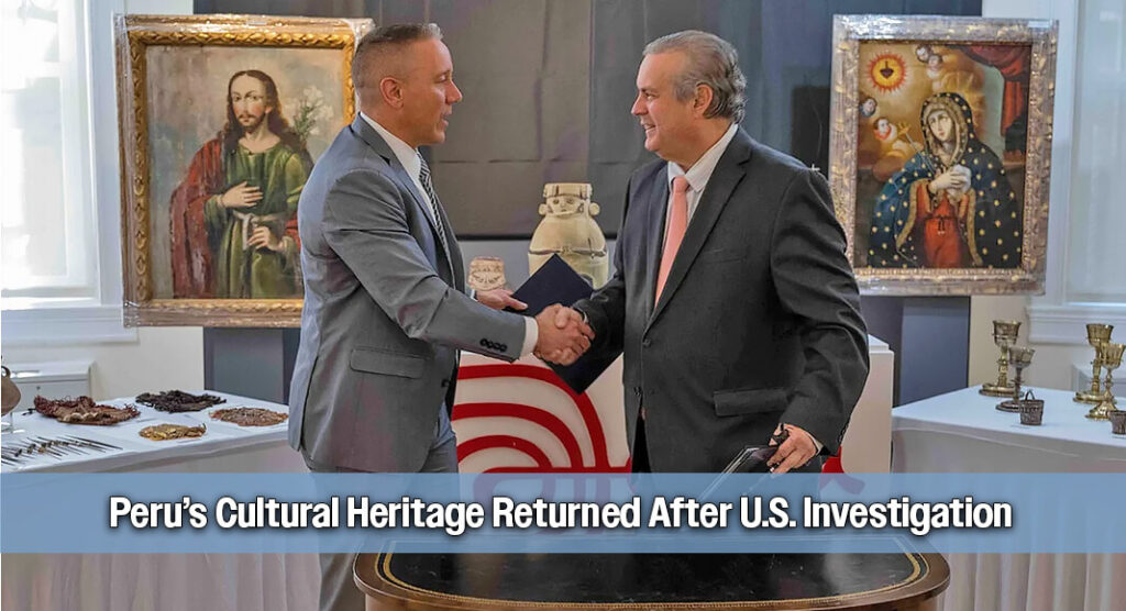 Supervisory Special Agent Jake Archer (left), program manager of the FBI's Art Crime Program, and Ambassador Rodolfo Coronado, permanent representative of Peru to the Organization of American States, shake hands at the Peruvian Embassy in Washington, D.C. The FBI returned 48 artifacts to Peru during a March 24, 2026, repatriation ceremony. Image courtesy of FBI