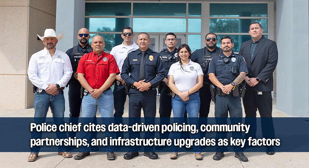 Juan Gonzalez stands alongside assistant chiefs and detectives whose coordinated investigations, targeted patrols, and data-driven strategies contribute to ongoing crime prevention efforts in Pharr. Image City of Pharr.