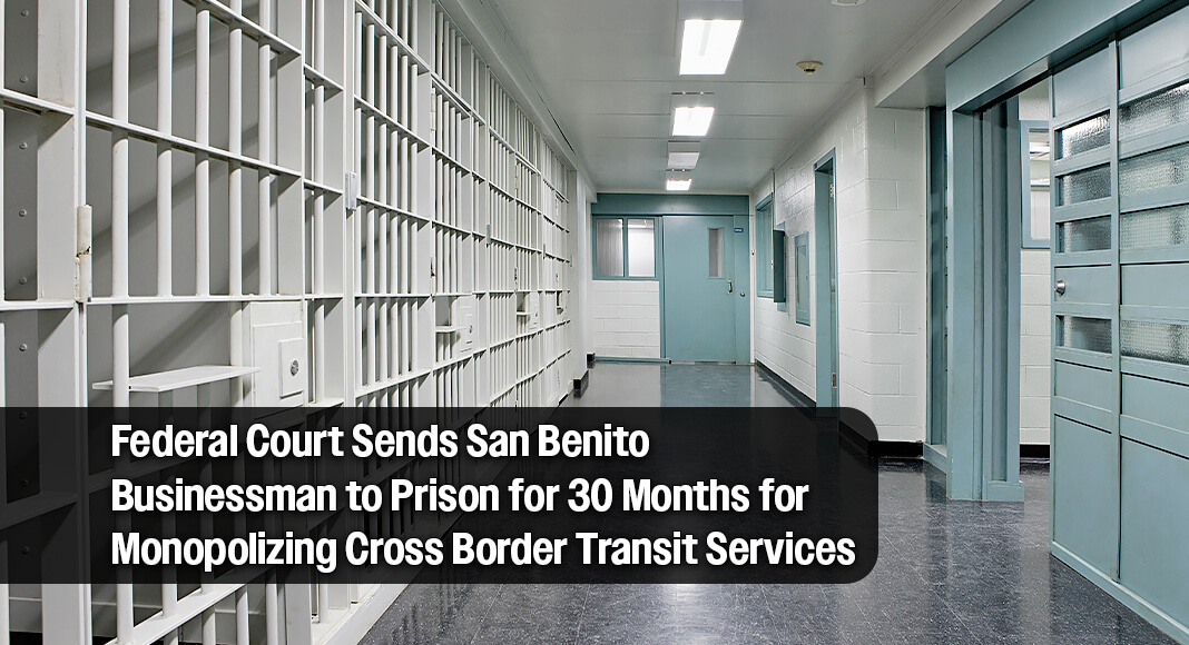 The U.S. Department of Justice today announced that Roberto Garcia Villarreal, 59, of San Benito, Texas, was sentenced to 30 months in prison and ordered to pay a $50,000 criminal fine for his role in a long-running and violent conspiracy to monopolize the transmigrante forwarding agency industry in the Los Indios, Texas, border region, located near Harlingen and Brownsville, Texas. Image for illustration purposes