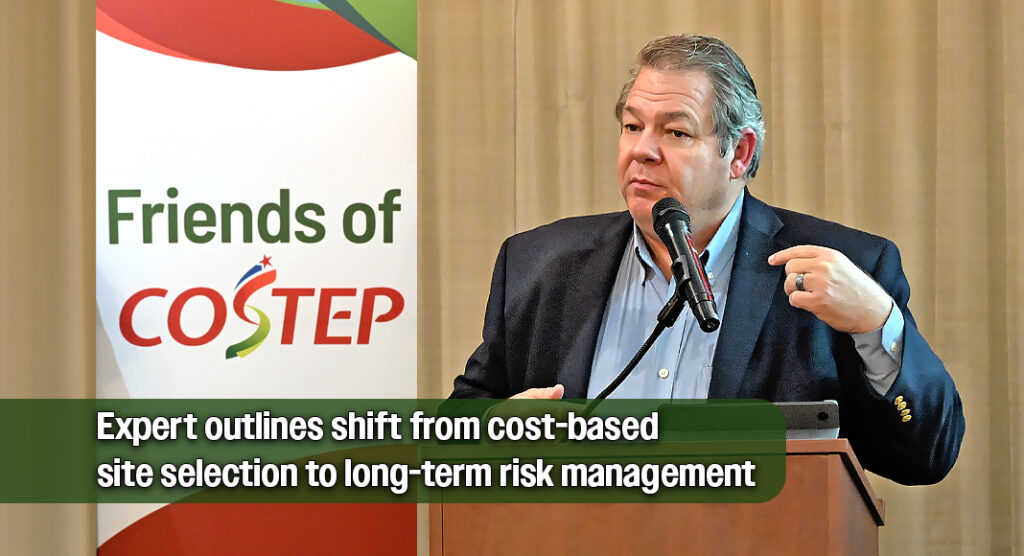 Carl Quesenberry speaks at the podium during the “How Serious Capital Makes Location Decisions” presentation at the Cambria Hotel McAllen Convention Center. Photo by Texas Border Business.