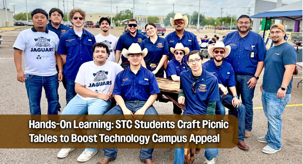 South Texas College Student Government Association (SGA) at the Technology Campus recently presented two picnic tables they built themselves to help beautify the campus as part of their annual Beautify Tech with SGA event. STC image