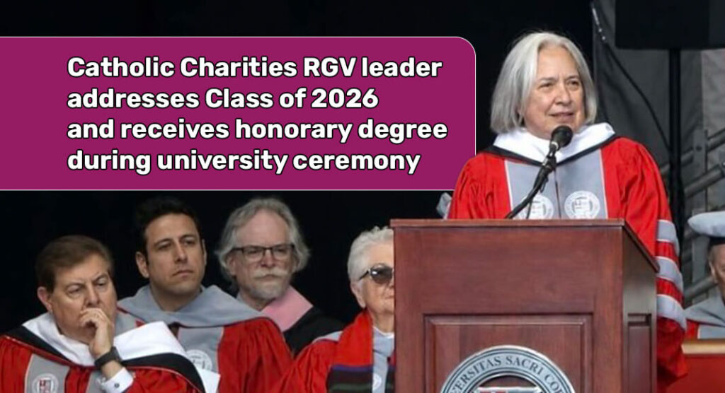 Sister Norma Pimentel, MJ, President and CEO of Catholic Charities of the Rio Grande Valley, delivers commencement remarks during Sacred Heart University’s May 9 graduation ceremony at the Hartford HealthCare Amphitheater in Bridgeport, Connecticut. Addressing the Class of 2026, Pimentel encouraged graduates to live with integrity, serve others with compassion, and lead with courage and faith. Courtesy Image