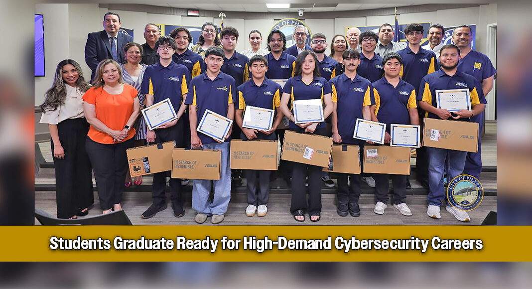 The Pharr City Commission, City Manager Dr. Jonathan B. Flores, and IT Director Jose Peña proudly recognized 13 PSJA ISD students who completed the Methodist Healthcare Ministries Internship Program, an innovative workforce development initiative designed to prepare the next generation of technology professionals. Image courtesy of The City of Pharr